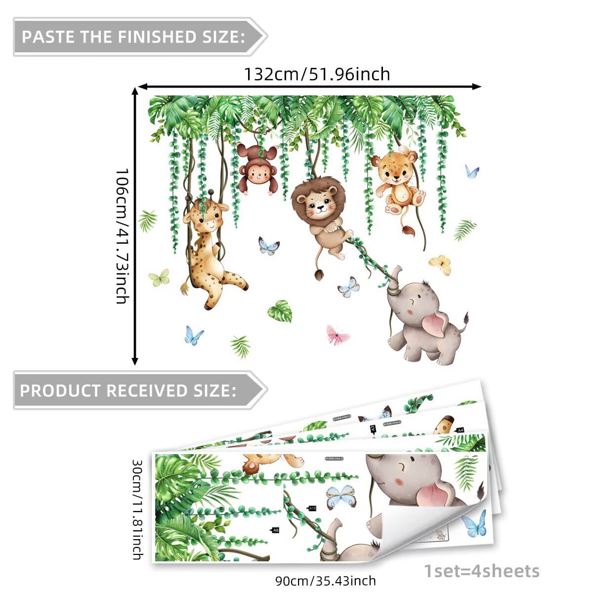 Jungle Animal Tree Branch Wall Decals tree wall decals plant wall Stickers Safari Animal Monkey Lion Wall Stickers DIY Peel and Stick Baby Nursery Kids Bedroom Living Room Wall Decor