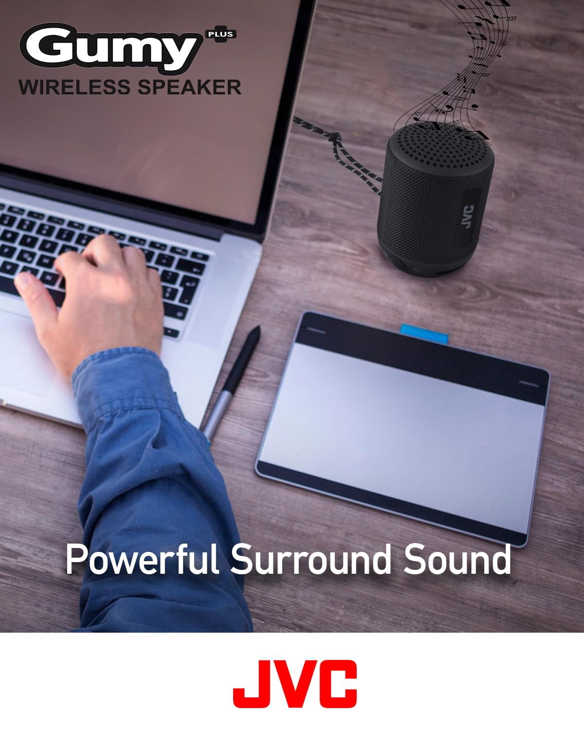 JVC Portable Gumy Plus Wireless Speaker with 45mm Driver for Powerful Surround Sound, Bluetooth 5.3, Lightweight, TWS Capability, USB-C, AUX in, up to 16-Hour Battery Life - SPSG2BTB (Black)