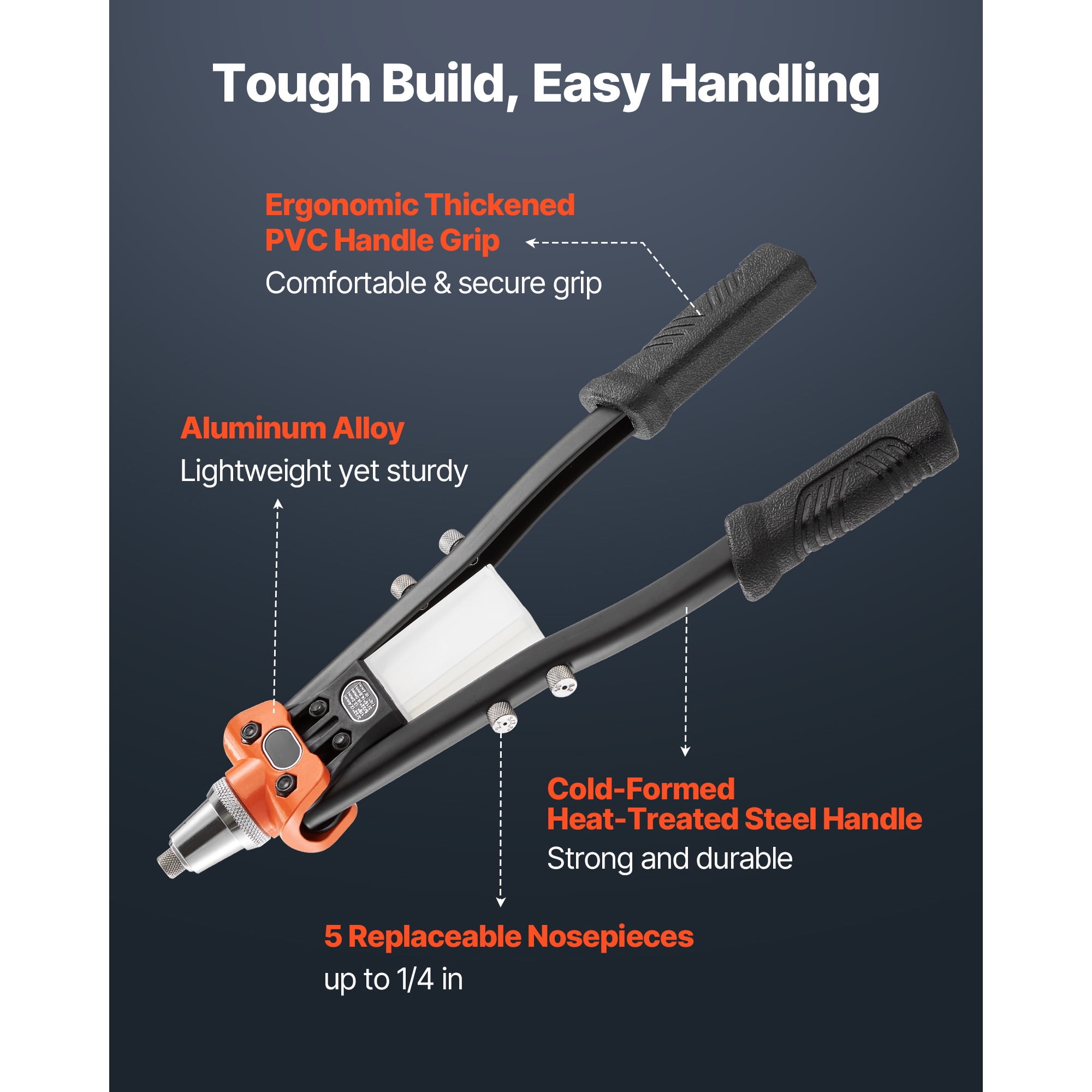 KFFKFF Manual Rivet Gun Kit with 230 Rivets, Two-Handed Tool Featuring 5 Replaceable Nosepieces, 5 Drill Bits, and a Storage Case, Ideal for Metalwork, Automotive Repairs, Home Projects, and DIY Task