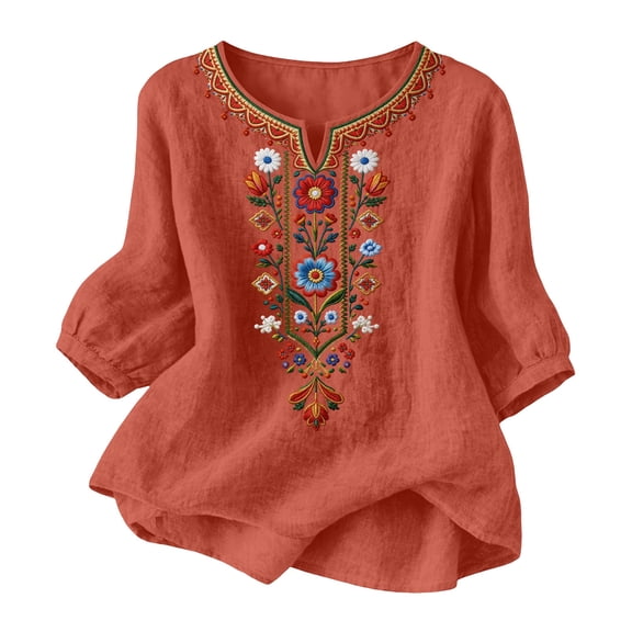 Guluxicc 3/4 Length Sleeve Womens Tops Summer Casual V Neck Cotton Linen T Shirts Boho Embroidery Blouse Comfy Loose Tunic Top