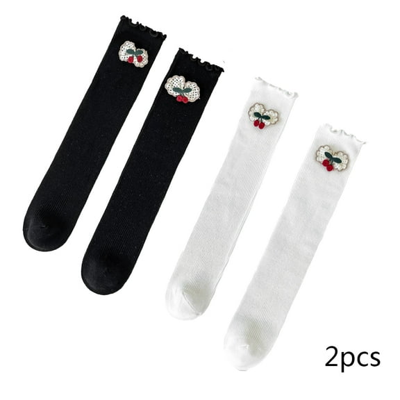 LYMAYTER Kids Girls Cotton Knee High Socks 2 Pairs Toddler Flower Mid-Calf Sock Spring Fall Bowknot Stacked Socks for 3-12 Years