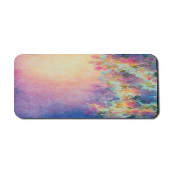 Purple Computer Mouse Pad, Watercolor Style Effect Spring Cherry Blossom Japanese Nature Print, Rectangle Non-Slip Rubber Mousepad X-Large, 35" x 15" Gaming Size, Marigold and Purple, by Ambesonne