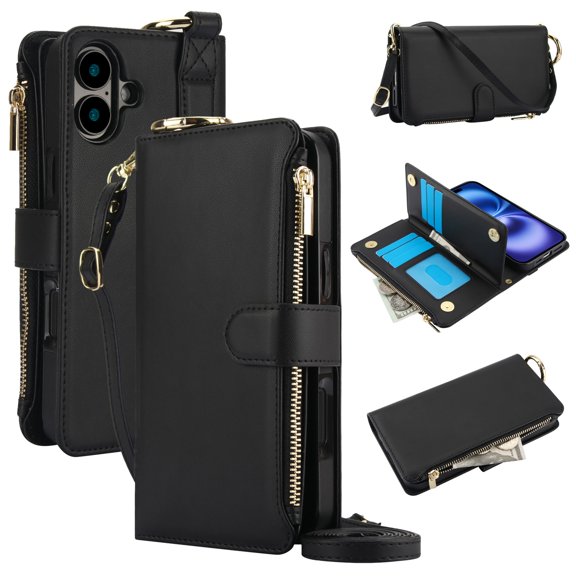 ELEHOLD For iPhone 16 Plus Phone Case Leather Crossbody Zipper Card Wallet Flip Case Kickstand Cover, with Ring Holder,Full Body Protection-Black