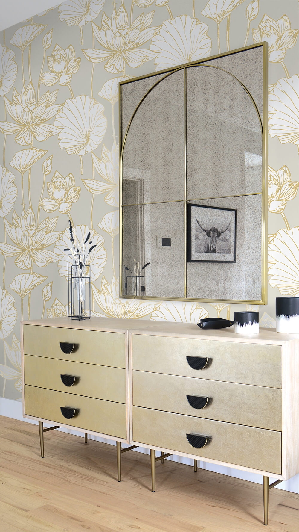 NextWall Metallic Gold & Grey Lotus Floral Peel and Stick Wallpaper - 20.5 in. W x 18 ft. L Roll