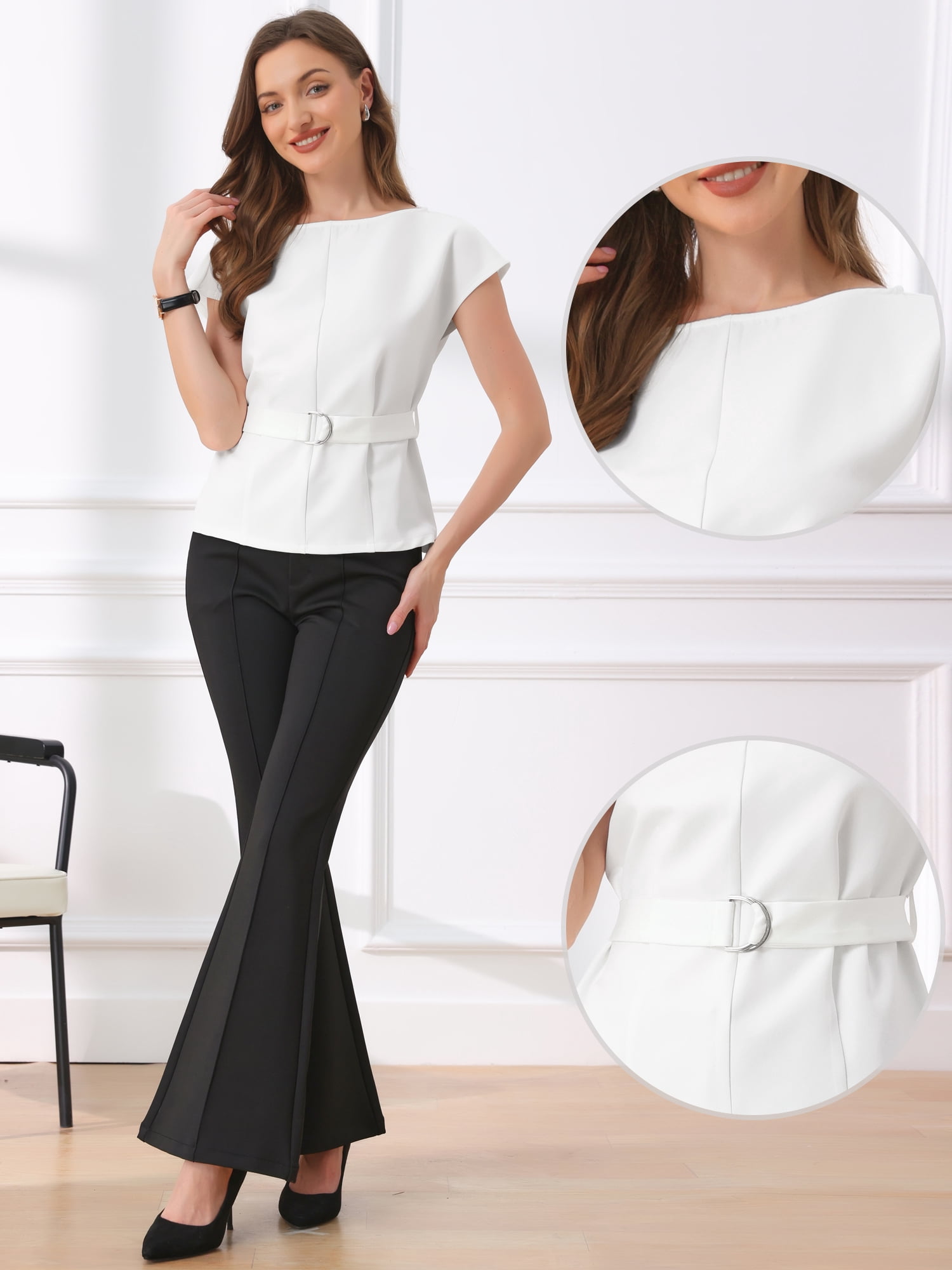 DARING DIVA Women's Cap Sleeve Top Boat Neck Belted Peplum Tops S White