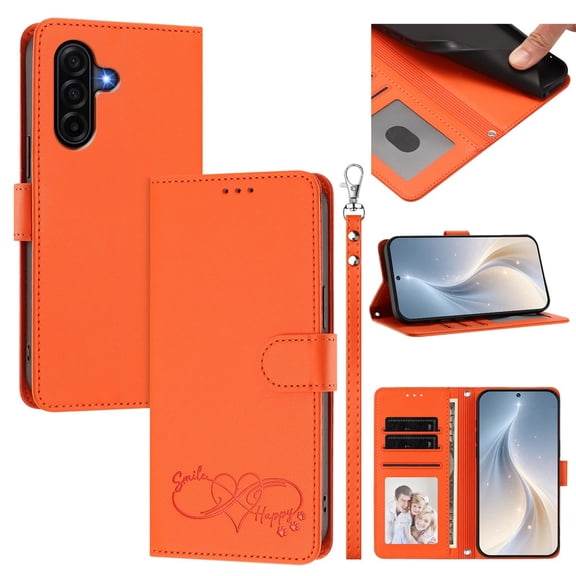 Wallet Leather Case For Samsung Galaxy A57 5G 6.7",With Card Holder,Wristband, Shockproof Kickstand Embossed Happy Pattern Phone Case,Orange,For Galaxy A57 5G