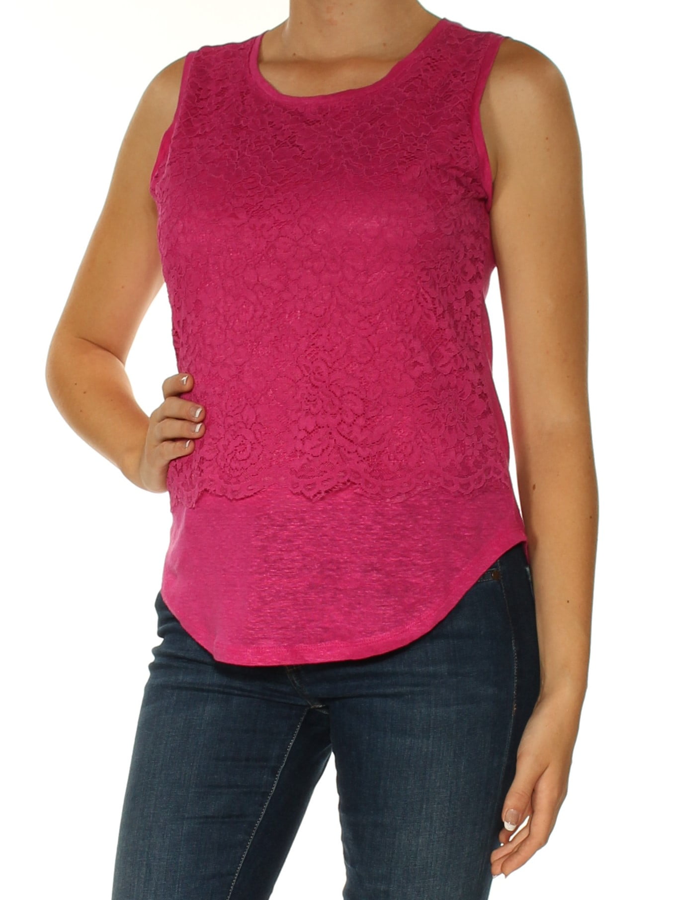 MAISON JULES Womens Pink Lace Sleeveless Jewel Neck Top Size: 2XS ...