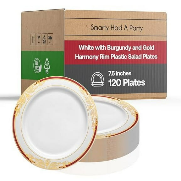 Smarty Had A Party Elegant Disposable Plastic Heavy Duty Dinnerware Sets, Fancy Design Plastic Plates, For Wedding, Birthday & All Occasions (White with Gold, 7.5" Salad Plates (120 Plates))