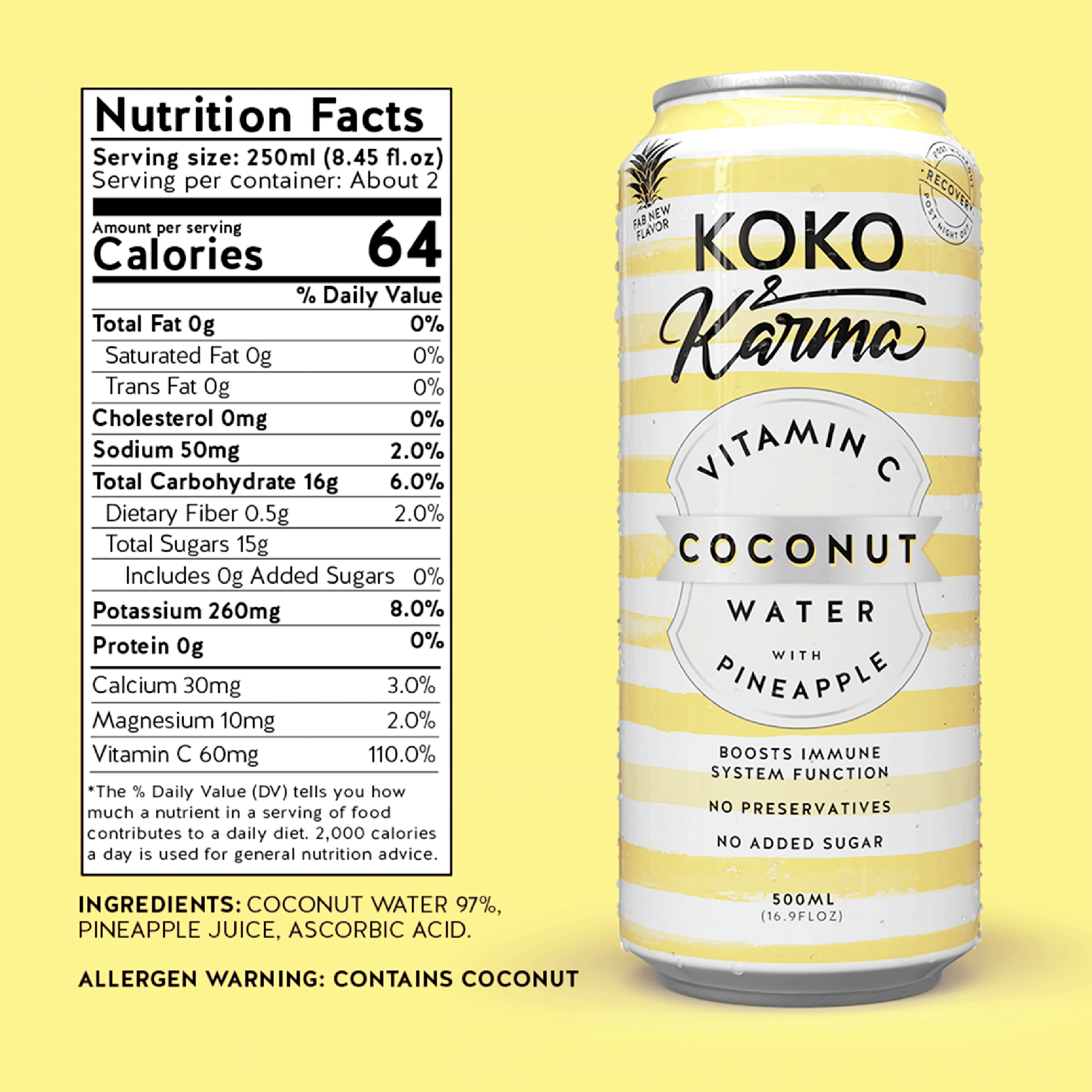 (12 pack) Koko & Karma Pineapple Coconut Water, Vitamin C, No Added Sugar, 16.9 fl oz Can