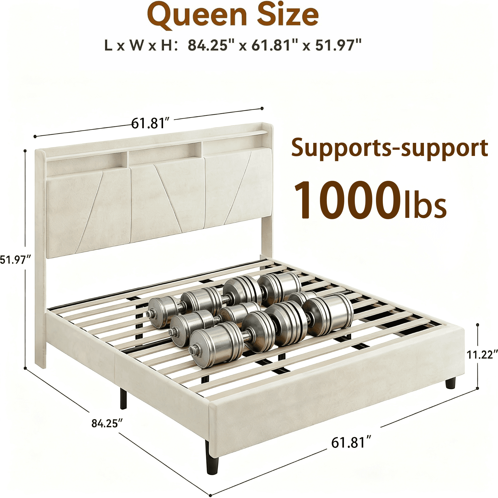 Sailvan Queen Size 52" Velvet Upholstered Bed Frame with Tall Headboard & Storage, Noise Free, No Box Spring Needed, Beige