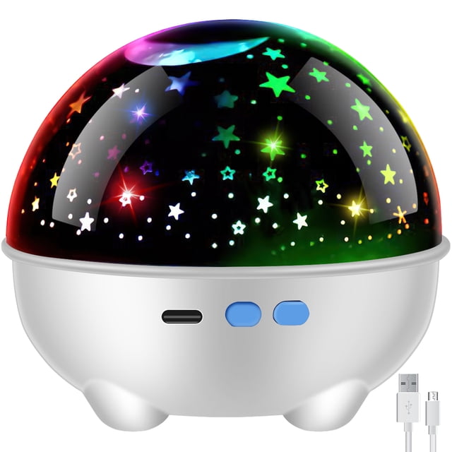 proyector de luz nocturna de estrellas, proyector de galaxia, luz nocturna reutilizable para niños, carga usb/funciona con pilas, lámpara de decoración de habitación, lámpara de noche led portátil par cúpula de 10×10×10 cm con recortes de estrellas y puntos que proyecta un cielo estrellado en colores giratorios; base blanca de ABS con tres botones frontales y puerto micro-USB, funciona con cable USB o 4 pilas AAA (no incluidas). Ideal para habitación infantil y como regalo; también suele usarse como luz ambiental relajante.