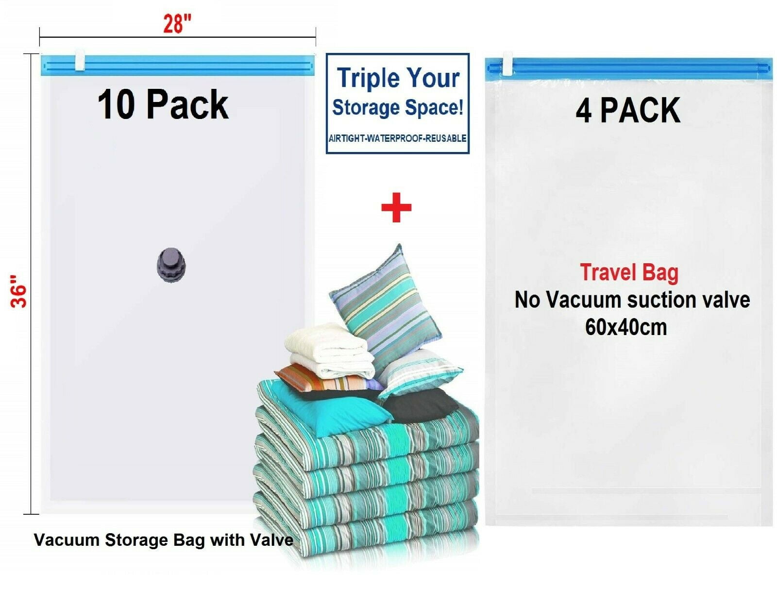 14 PACK Combo: 10 Extra Large Space Saver Storage Vacuum Seal Organizer Bag + 4 Travel Roll Up Bags