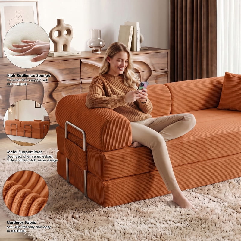 Anpport 78.8" Compression Boneless Sectional Sofa, Convertible Floor Sleeper Bed with Pillow Back Armrest, Corduroy Fabric, Tangerine, for Living Room Bedroom