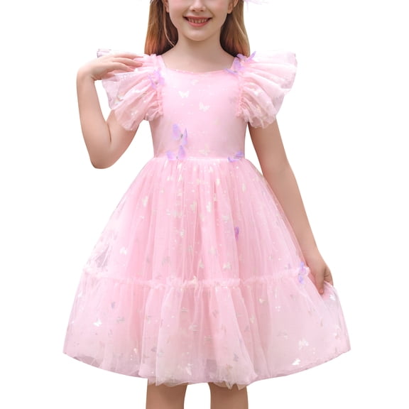 IBTOM CASTLE Toddler Kids Girls Butterfly Dress Sparkle Tulle Ruffle Sleeve Wedding Formal Birthday Pageant Shoot Dresses 5-6 Years Pink