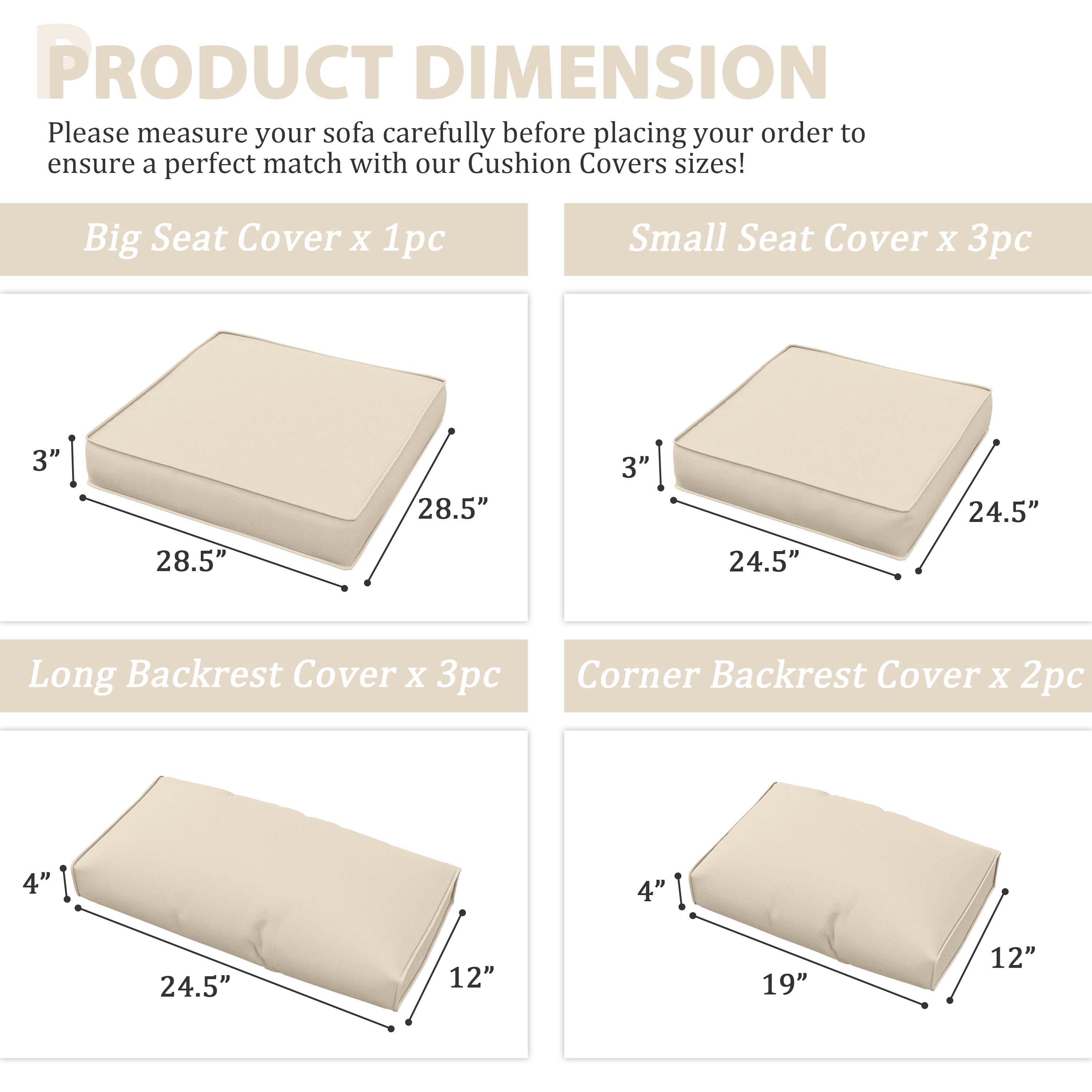 Snubbull 9 Pcs Outdoor Patio Cushion Covers with 4 Size, Waterproof & Zippered, Cream