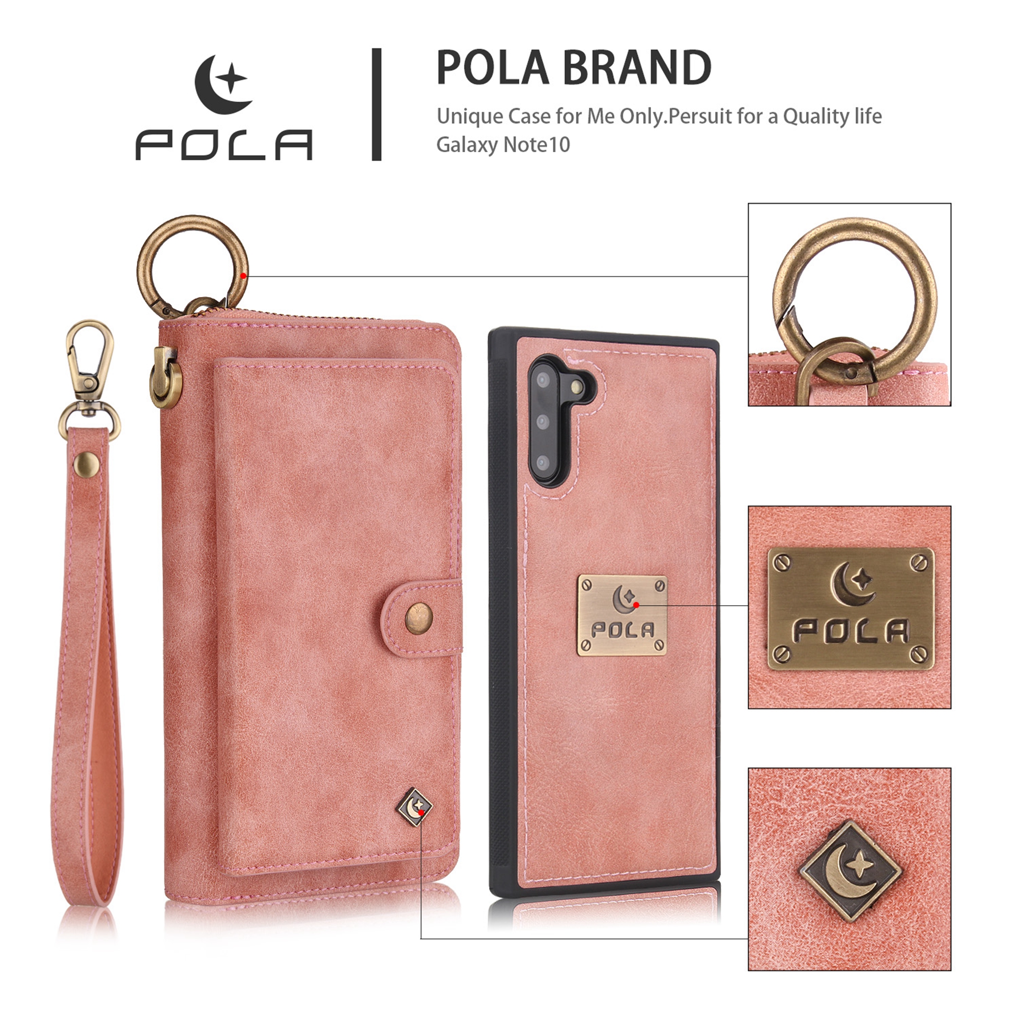 Samsung Galaxy Note 10 6.3 inch Wallet Detachable Case, Dteck Zipper Purse Phone Case Multi-functional Folio Flip Leather Removable Magnetic Back Cover For Samsung Galaxy Note10,Pink