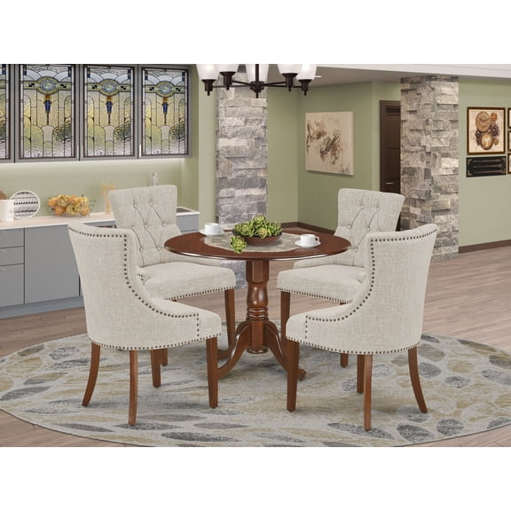 DLFR5-MAH-05 5Pc Dining Set Includes a Round Dinette Table with Drop Leaves and Four Parson Chairs with Doeskin Fabric, Mahogany Finish