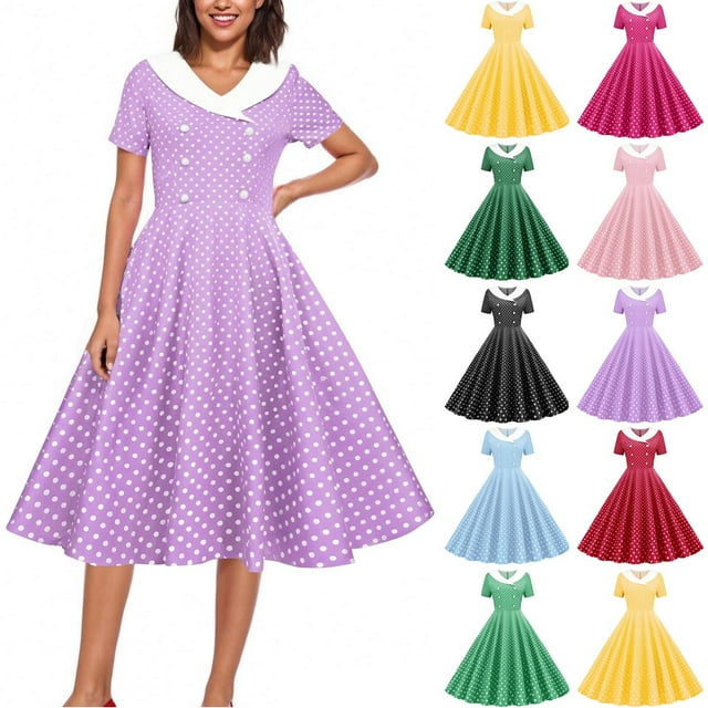 Hinvhai Robes des Années 1950 pour Femmes Liquidation Vintage Rockabilly Rétro à Manches Courtes Robe Midi Cocktail Soirée Bal de Promo Jaune TG(TG)