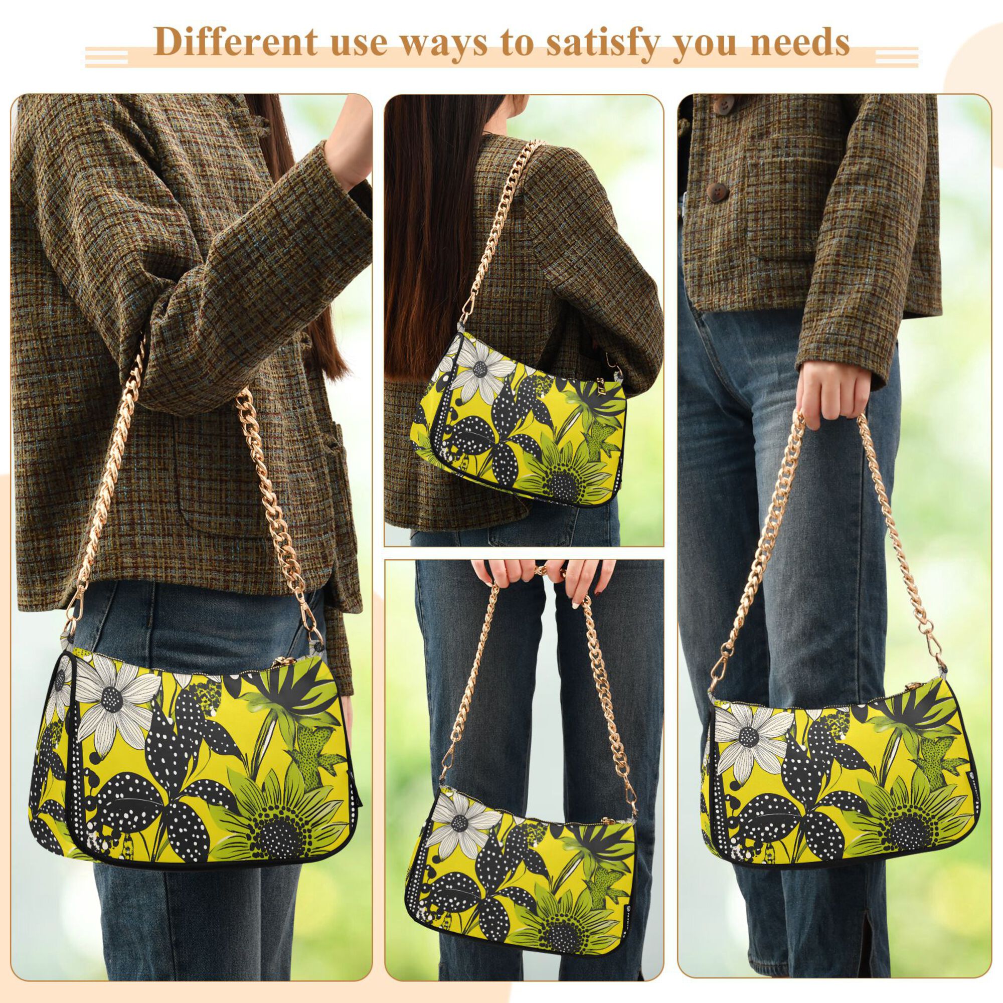 FORMRS Womens Shoulder Bag with Chain Strap Clutch Purse Cute Tote Handbag, Yellow Flowers