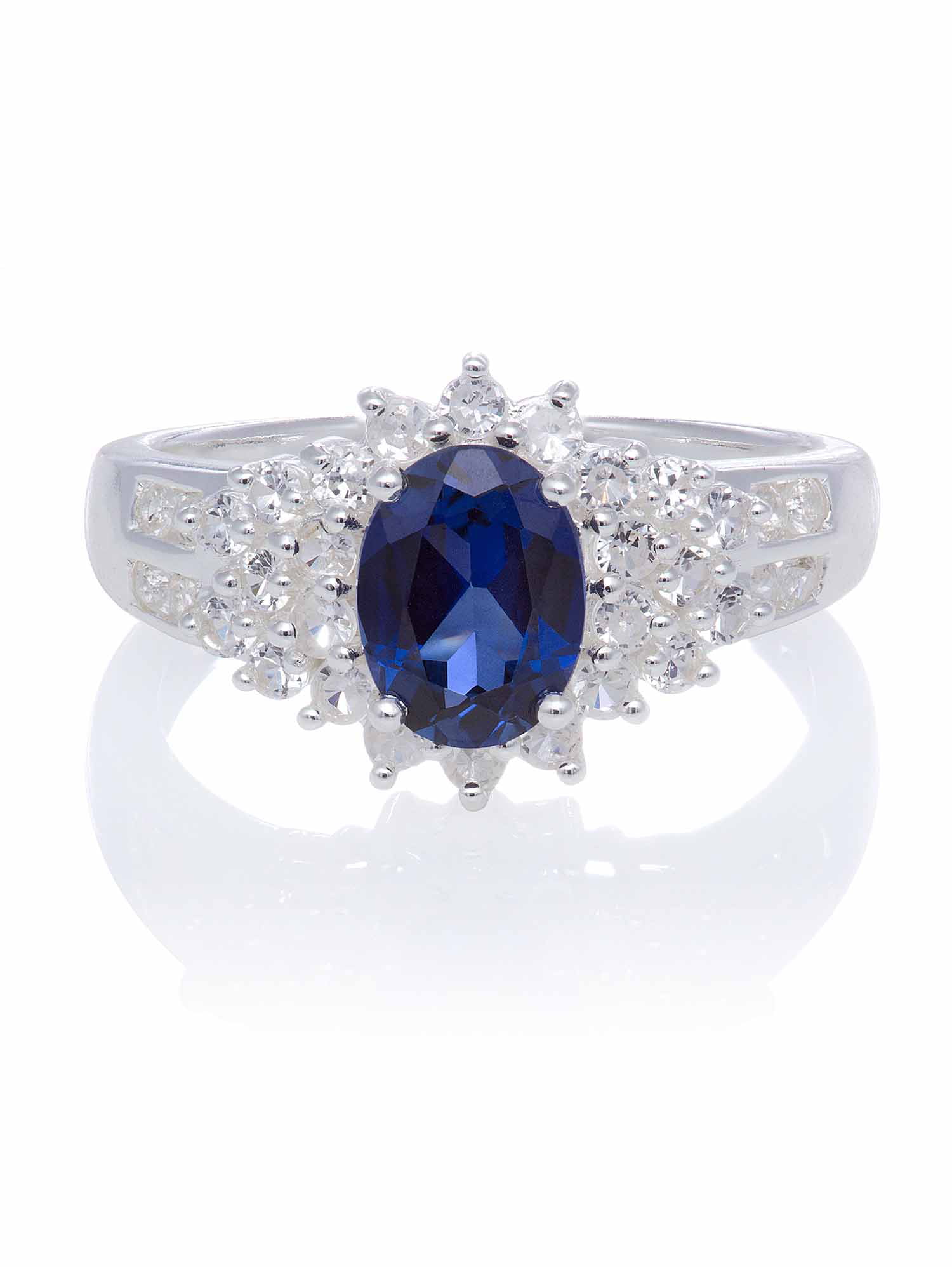 Created Blue Sapphire Oval and White Sapphire Sterling Silver Ring ...