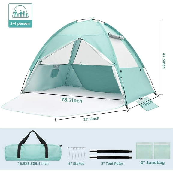 Large Beach Tent for 3-4 People, UPF 50   , Portable Shade Canopy with 3 Mesh Windows