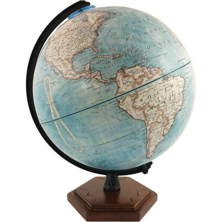 Palermo 9" Diameter Globe, USA Cartography with with Mountain Relief, Solid Hard Wood Base and Blue Ocean Globe Ball.