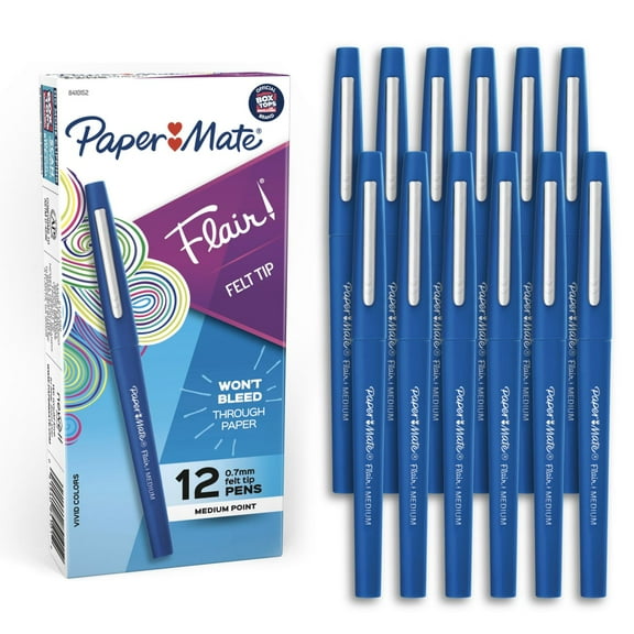 Paper Mate Flair Felt Tip Pens, Medium Point (0.7 mm), Blue, 12 Count