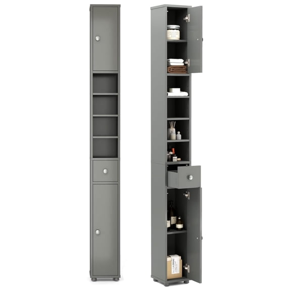 HOMGX 71” Tall Bathroom Storage Cabinet, Freestanding Linen Floor Cabinet with Drawer, Doors & Adjustable Shelves, Narrow Slim Cabinet for Living Room, Entryway, Small Spaces (Grey)