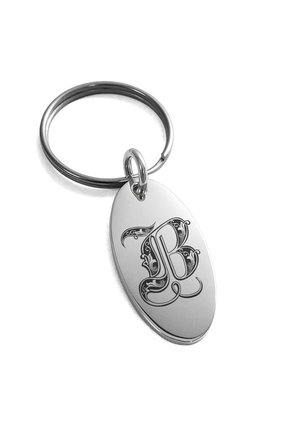 Stainless Steel Letter B Initial Royal Monogram Engraved Small Oval Charm Keychain Keyring