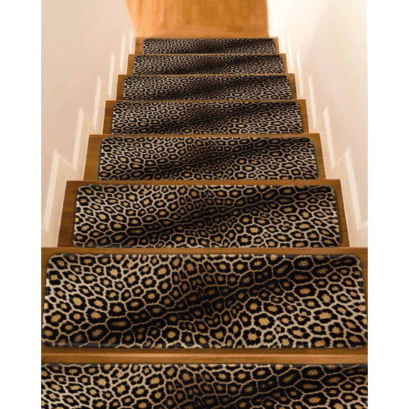 Leopard Print Stair Treads for Wooden Steps Indoor Runner Rug Carpet, Farmhouse Gradient Animals Texture 4 Pieces Peel and Stick Staircase Step Treads Covers Washable Throw Door Mats, 30"x8"