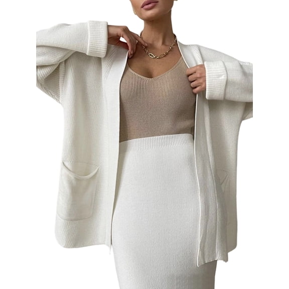 Women'S 2 Piece Knitted Fall Outfits Long Open Front Cardigan Casual Sweater and Elegant Skirt Set Milky White One size