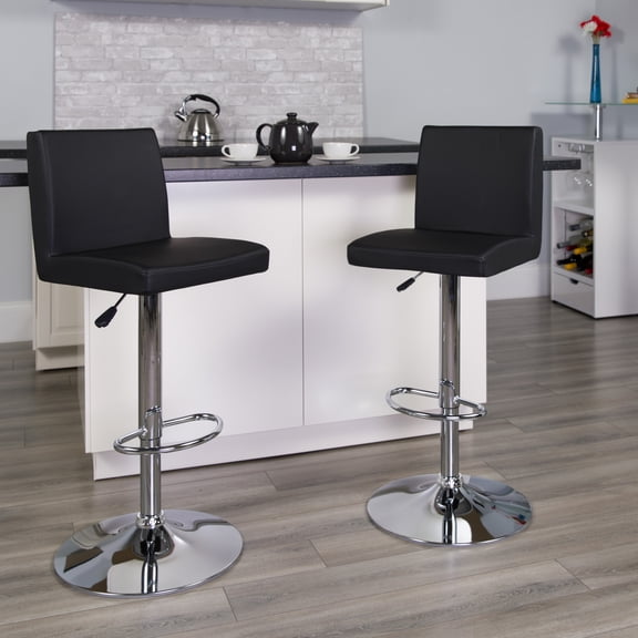 Emma Oliver 2 Pack Black Vinyl Adjustable Height Barstool with Panel Back and Chrome Base