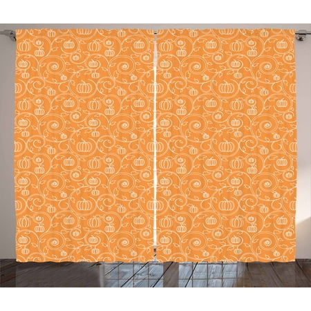 Harvest Curtains 2 Panels Set, Pattern with Pumpkin Leaves and Swirls on Orange Backdrop Halloween Inspired, Window Drapes for Living Room Bedroom, 108W X 90L Inches, Orange White, by Ambesonne