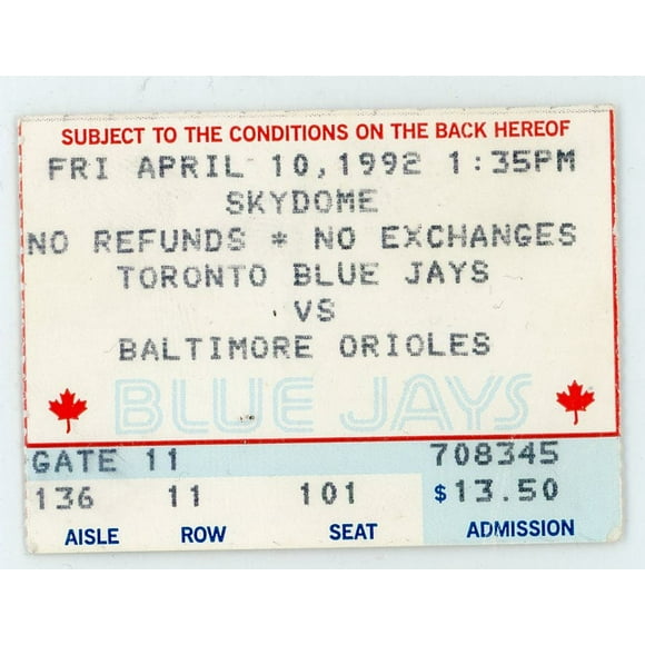 Toronto Blue Jays vs. Baltimore Orioles Vintage Ticket Toronto Skydome 1992