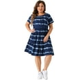 thumbnail image 3 of DARING DIVA Plus Size Tie Dye Striped A Line Casual Swing T-Shirt Dress 1X Navy Blue, 3 of 6