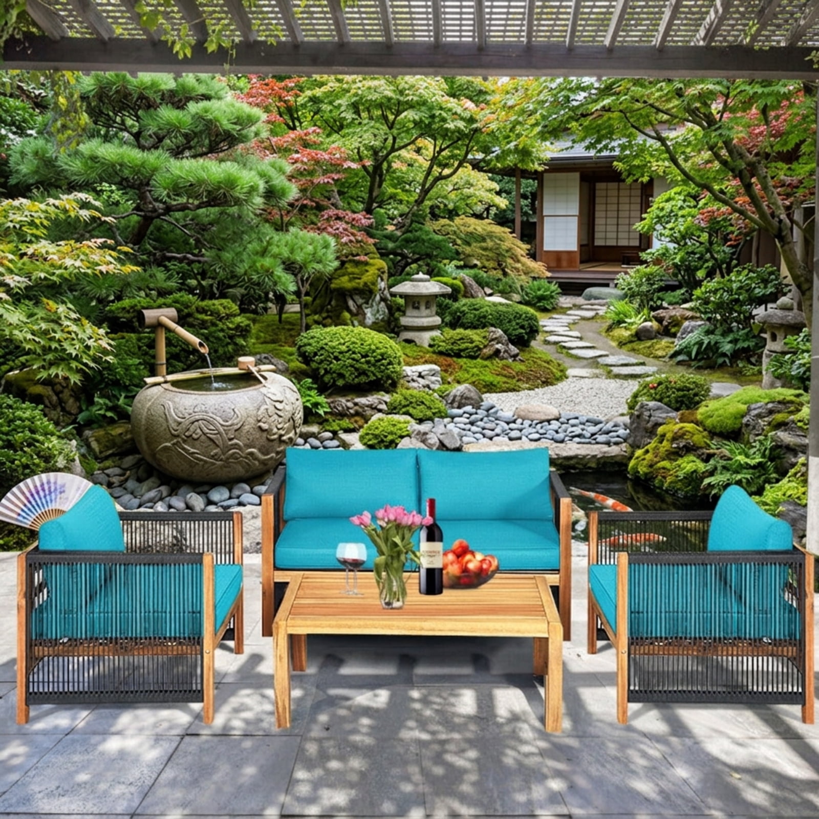 Biotree 4 Piece Acacia Wood Patio Furniture Set outdoor conversation set with cushions and coffee table for garden backyard and porch, Turquoise