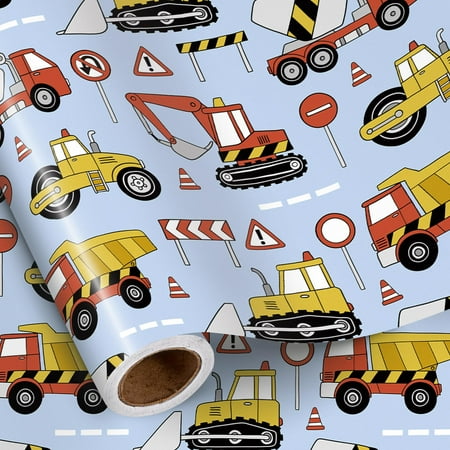 RUSPEPA Construction Vehicle PresNok Wrapping Paper Roll for Boys, Cartoon Digger, Cement Mixer, Dump Truck and Road Sign Design Gift Wrap for Kids Birthday, Truck Party, 17 Inches x 16.4 Feet