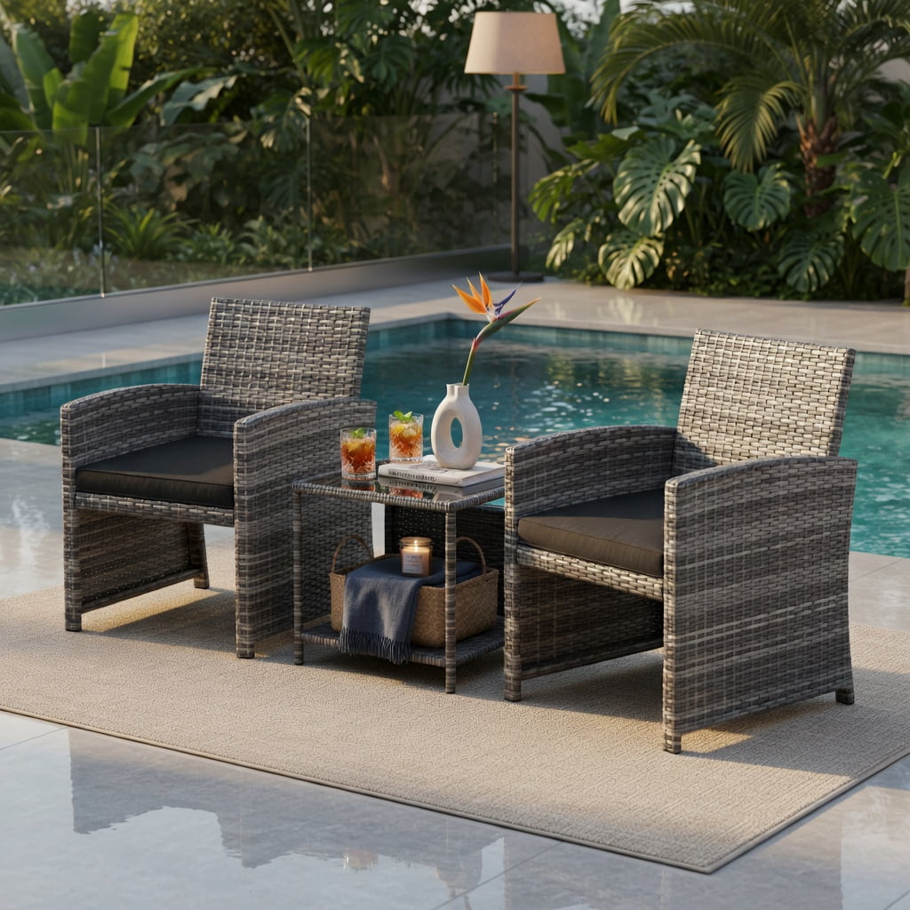 Hommoo 3-Piece Outdoor Patio Furniture Set, PE Rattan Sofa Set with Tempered Glass Coffee Table, Removable Cushions, Heavy-Duty Metal Frame, Black