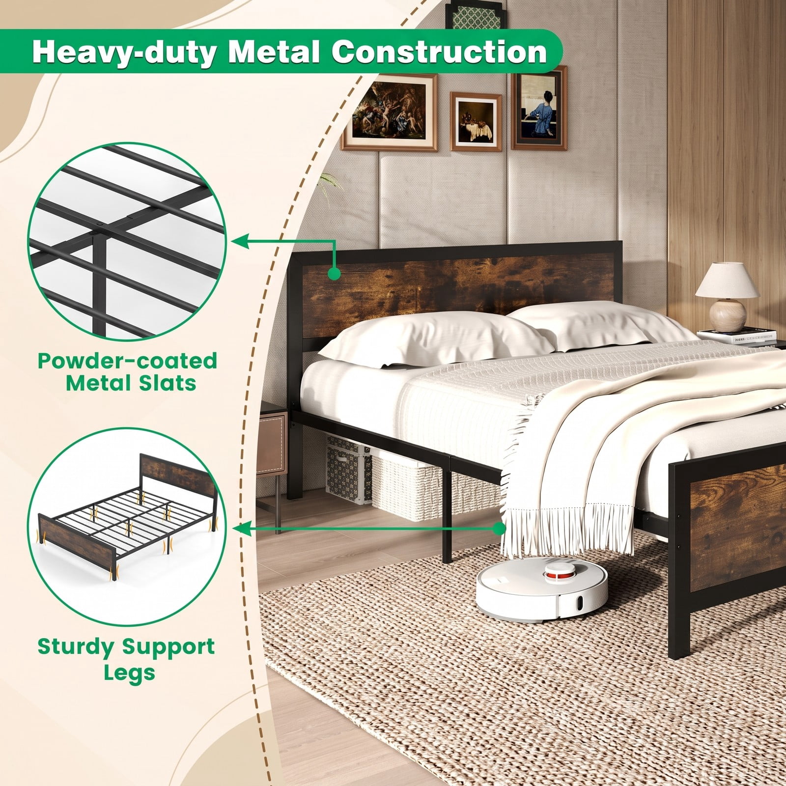 Furnibear Queen Size Bed Frame Metal Platform Bed with Wood Panel Headboard and Footboard, Under Bed Storage No Box Spring Needed, Rustic Brown