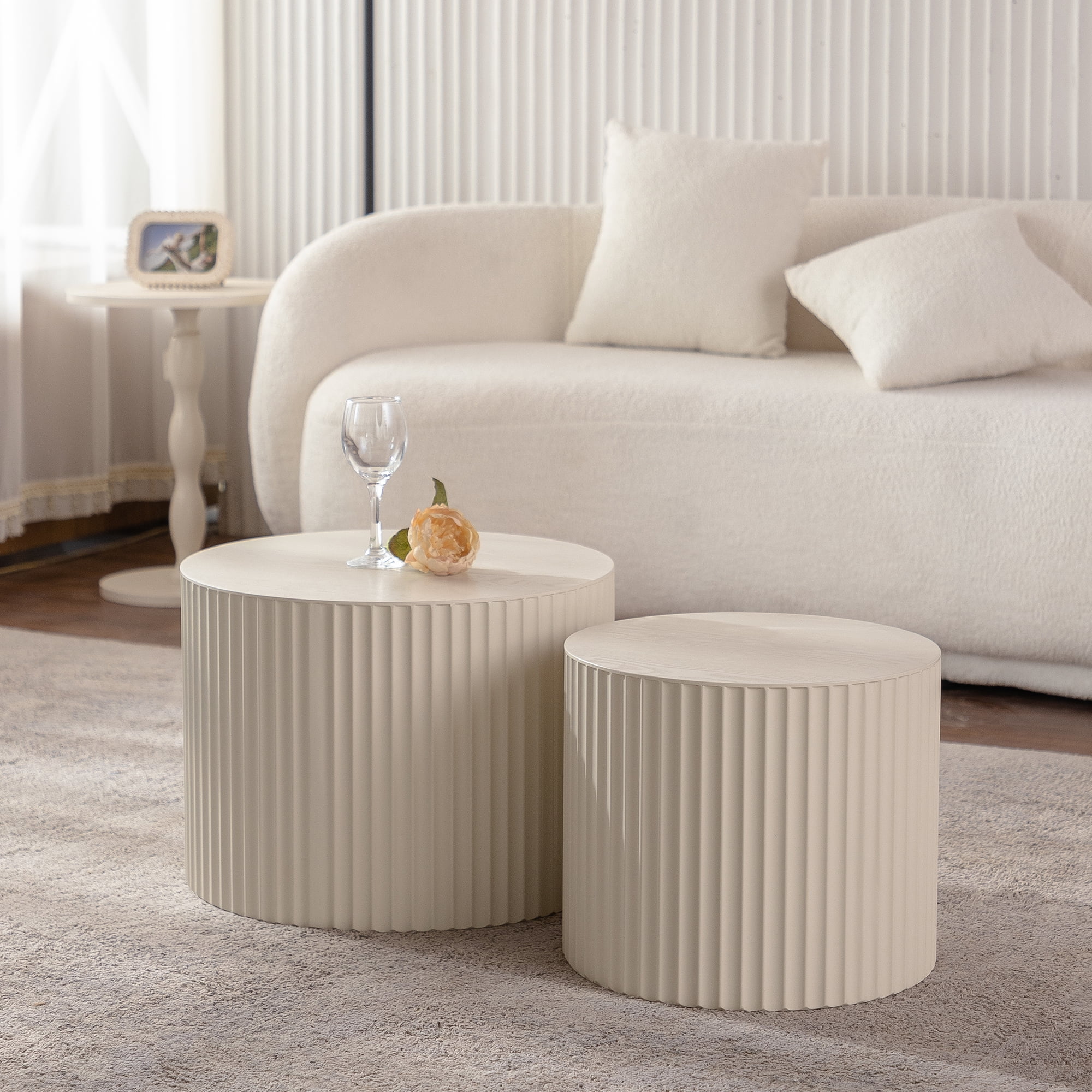 Leumius 33.86" Nesting Coffee Table Set of 2 Modern Drum Side Table End Table Wave Stripe Round Coffee Table for Living Room Beige 2