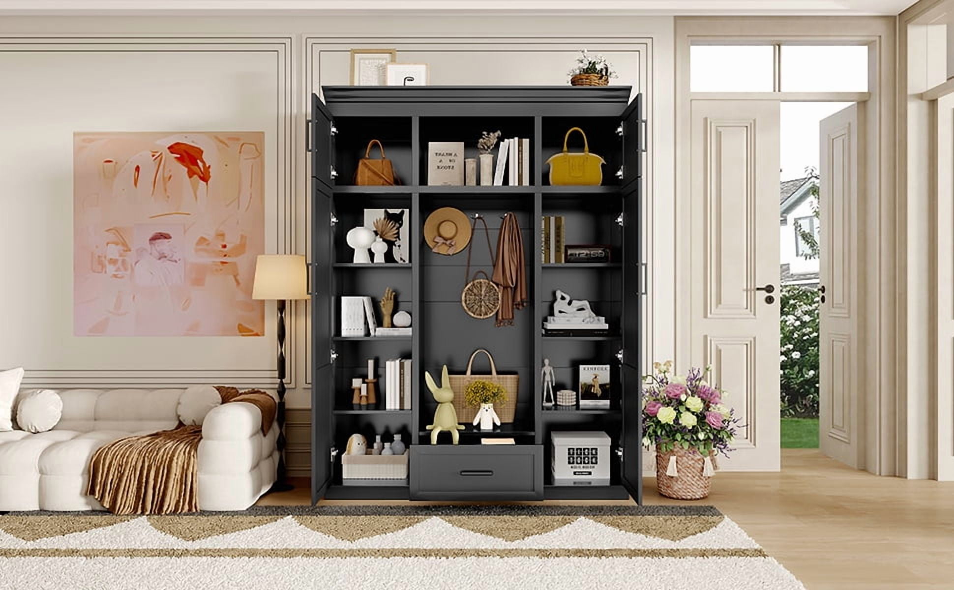 Euroco Modern Large Hall Tree with Hooks, Cabinets, Adjustable Shelves, and Seating Bench
