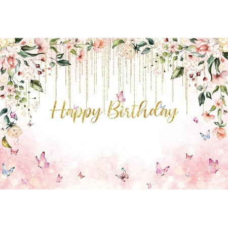 Image of Butterfly Floral Birthday Backdrop Pink And Red Flowers Gold String Women Portrait Custom Photography Background