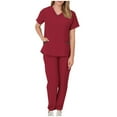 thumbnail image 2 of BiZtdJrK Scrubs Medical Uniform for Women Casual Short Sleeve V Neck Scrub Tops and Trousers 2 Piece Sets Solid Color Work Outfits Wine XXL Back to School Prime Sales, 2 of 6