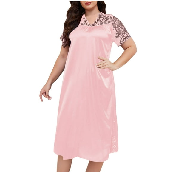 Night Dress for Women in Clearance Womens Satin Silk Nightgown Loose Fitted Sleepwear Lace Patchwork Nightshirt Short Sleeve Sleep Dress Chemise Sleepwear New Watermelon Red 3XL