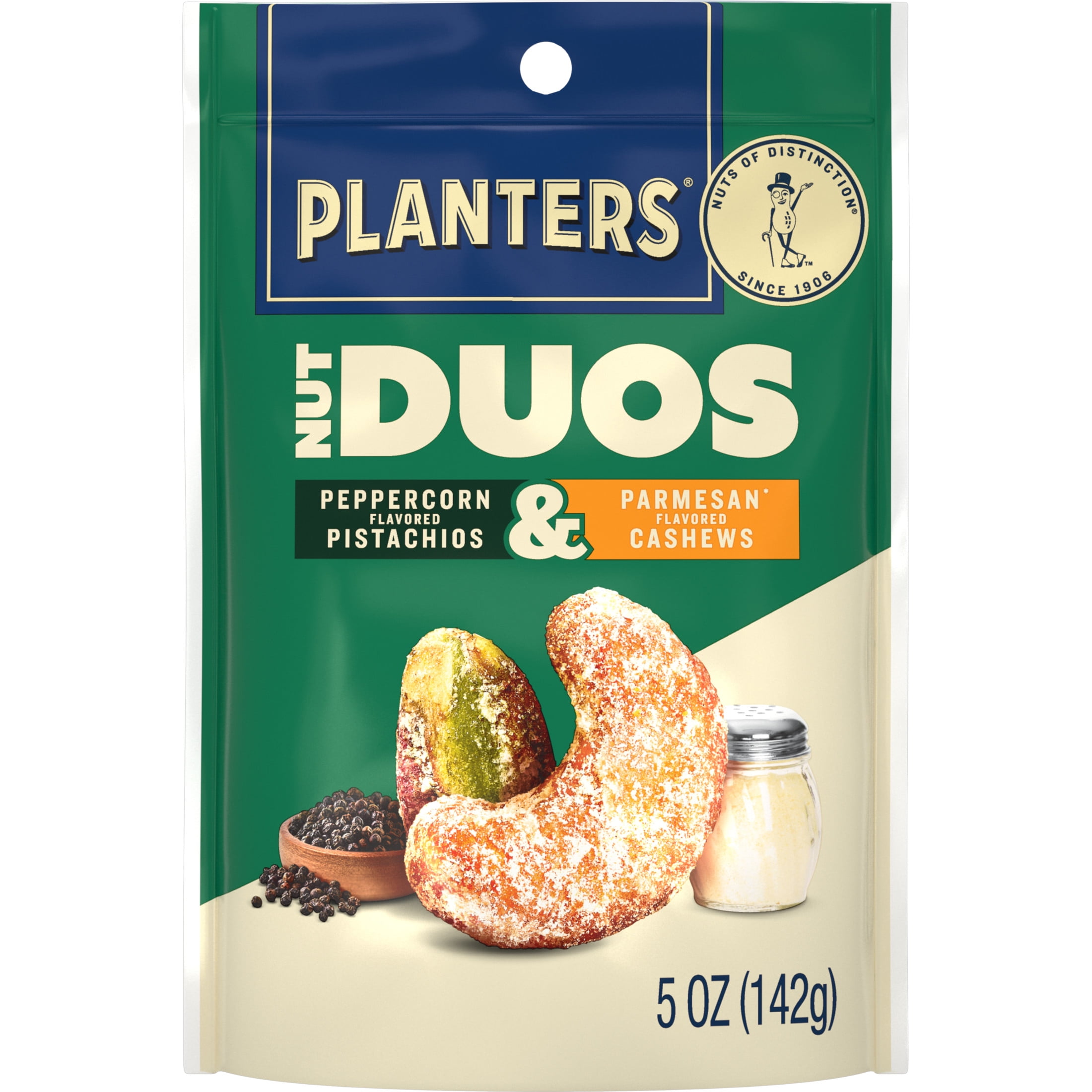 (6 pack) PLANTERS Nut Duos Peppercorn Pistachio and Parmesan Flavored Cashew, 5 oz Resealable Bag