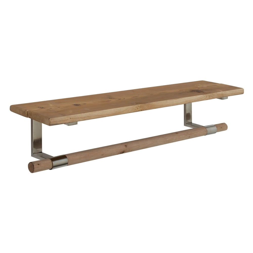 Decmode 14863 Floating Wood Wall Shelf And Towel Bar With Stainless