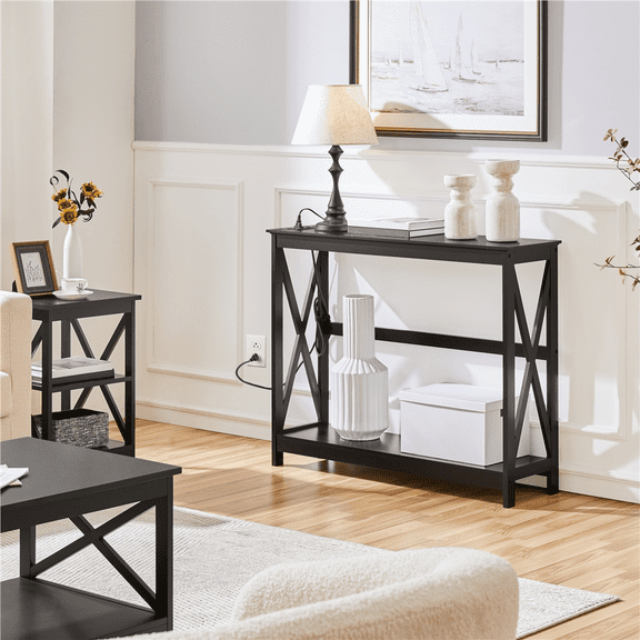 Yaheetech 2-Tier Industrial Console Table with Power Outlet for Hallway, Black