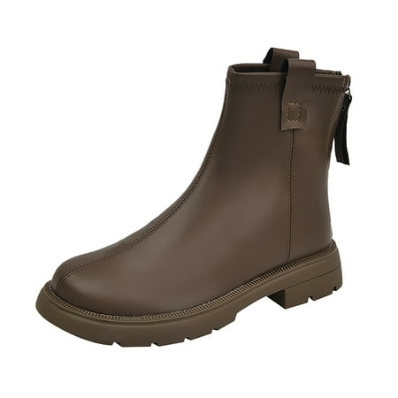 

Elegant Womens Boots Fashion Women Artificial Leather Solid Color Autumn Thick Sole Square Heels Zipper Short Booties Round Toe Shoes