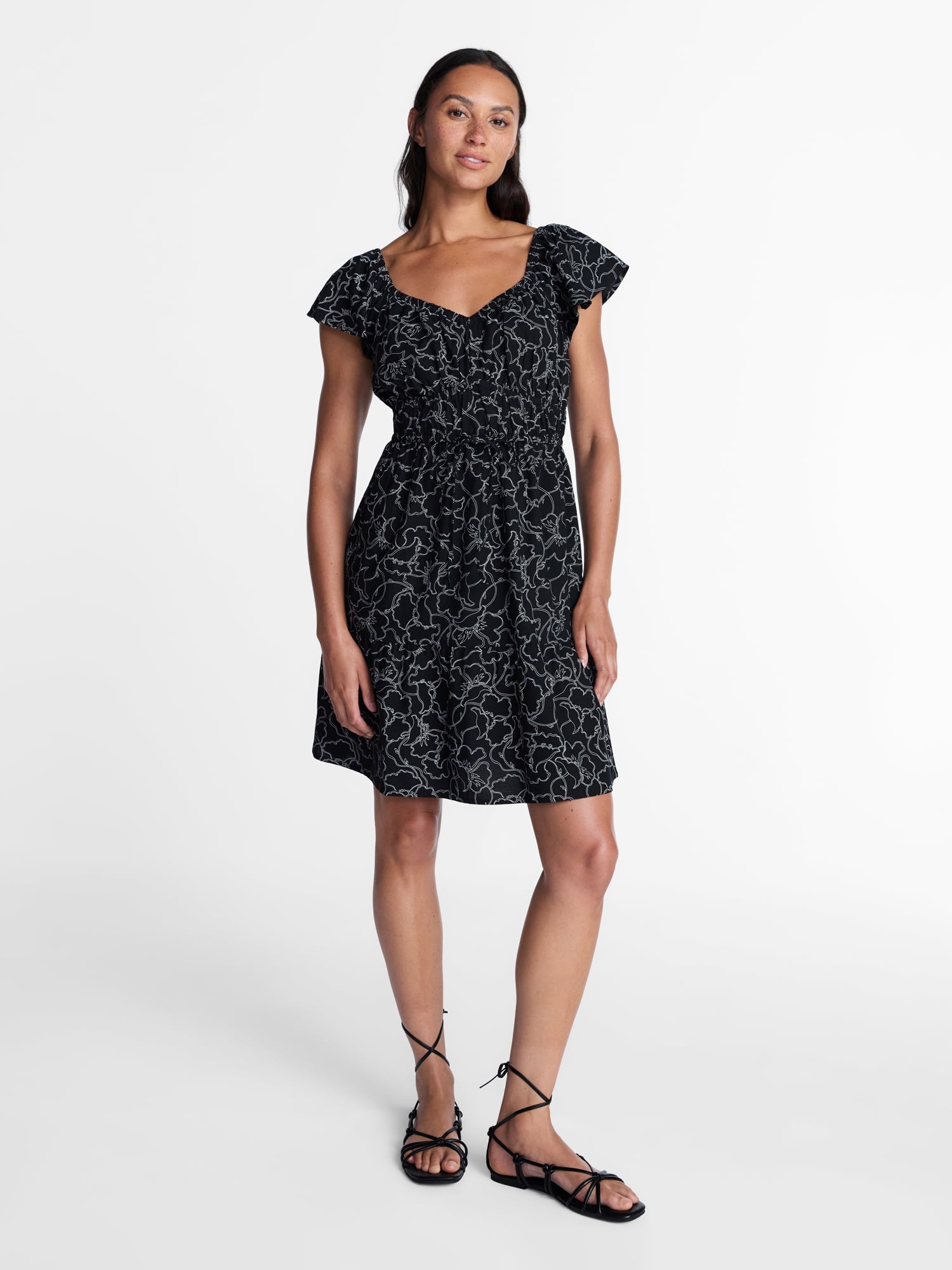 Time and Tru Women's Tie Waist Mini Dress with Flutter Sleeves, Sizes XS-XXXL