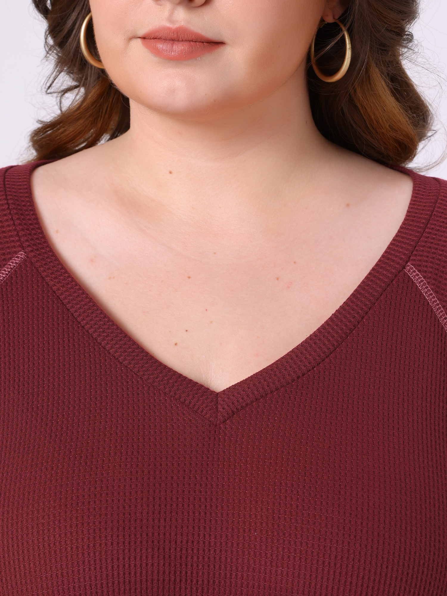 DARING DIVA Women's Plus Size Waffle Knitted V Neck Patchwork Hem Sweater 4X Burgundy